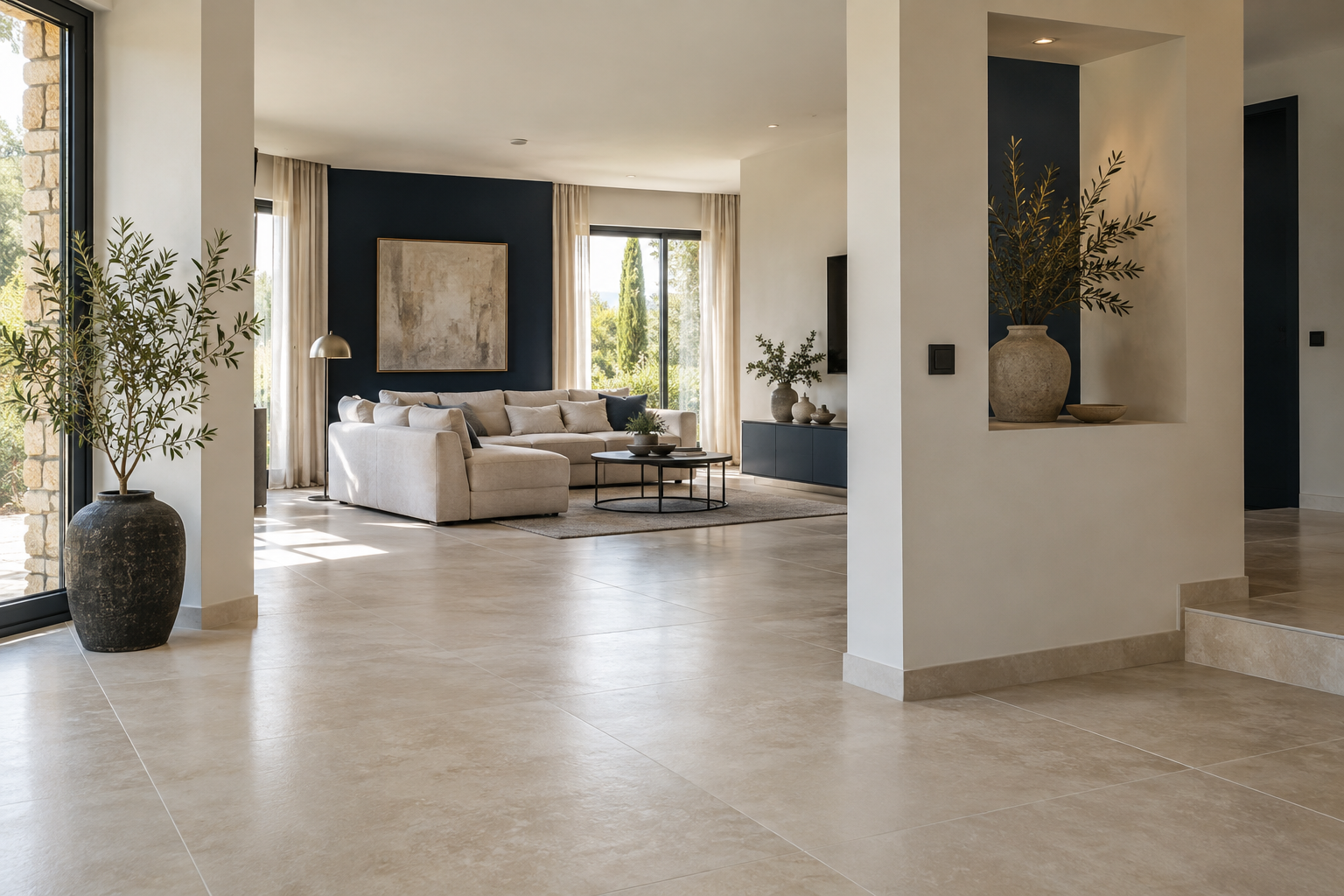 Ambiance de rénovation intérieure : carrelage au sol, murs peints et cloisons aux finitions soignées
