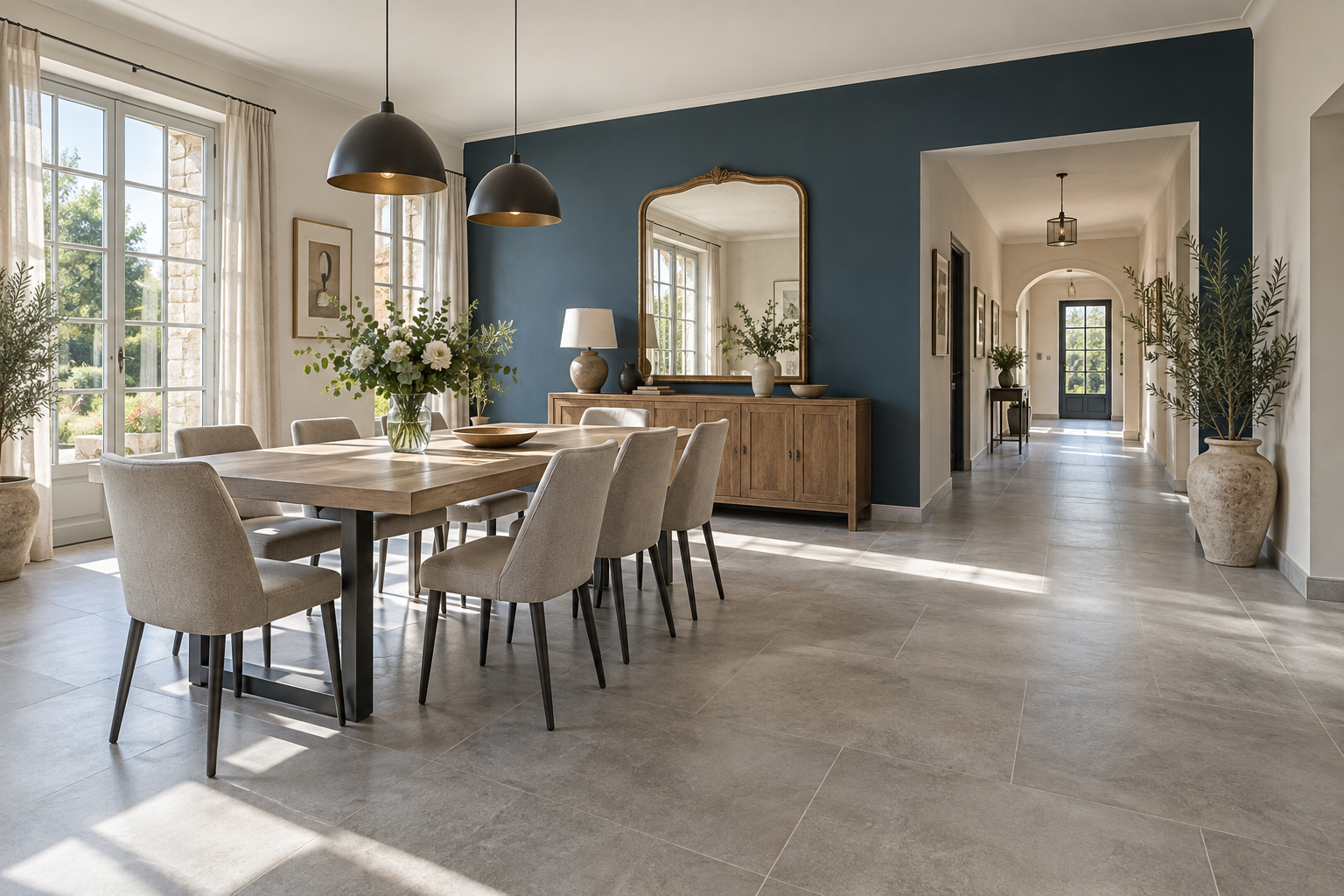 Vue d’ensemble d’une salle à manger rénovée : carrelage clair, murs peints et ouverture sur le couloir