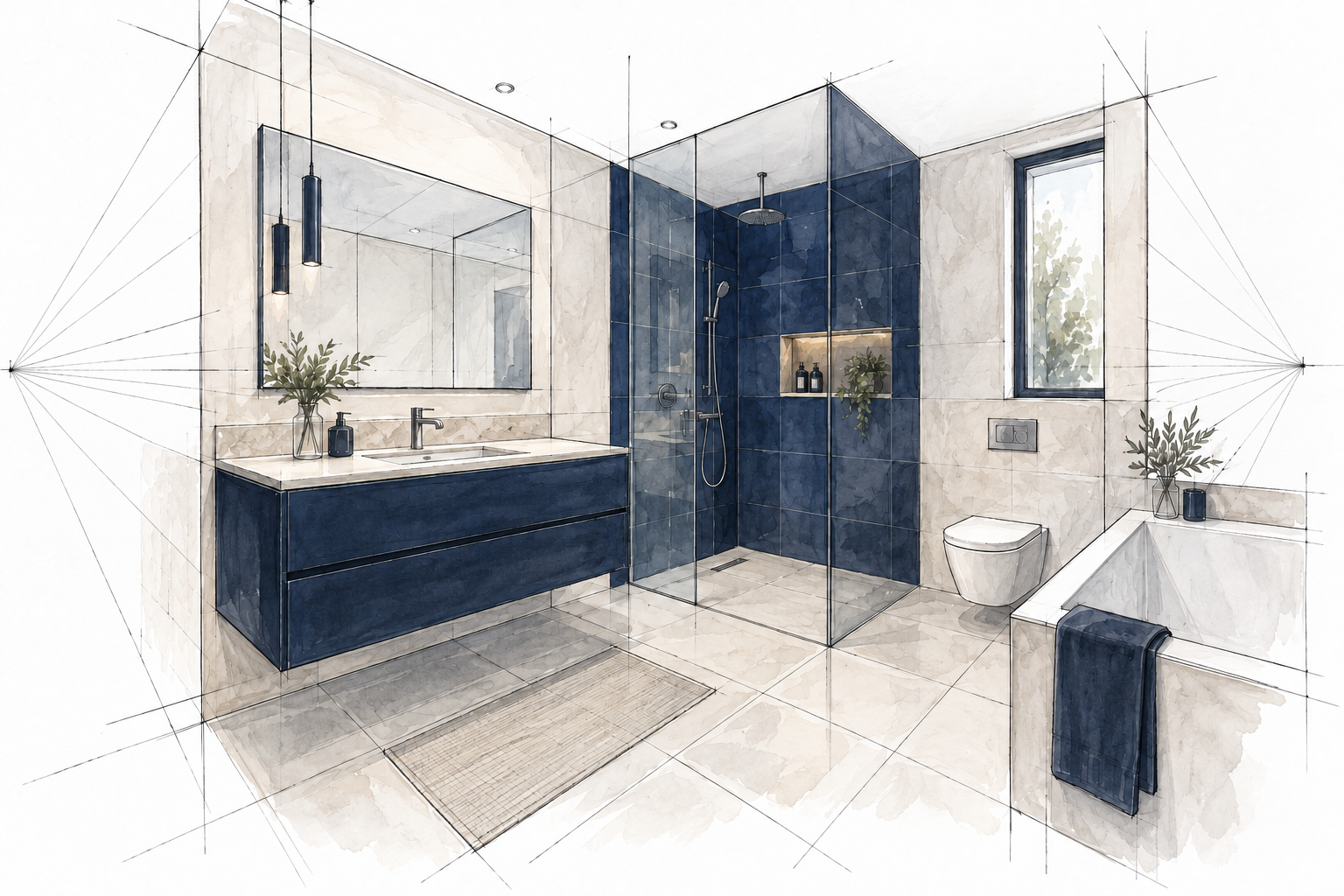 Perspective dessinée d’une salle de bain, avec des lignes de construction pour visualiser les volumes et l’agencement