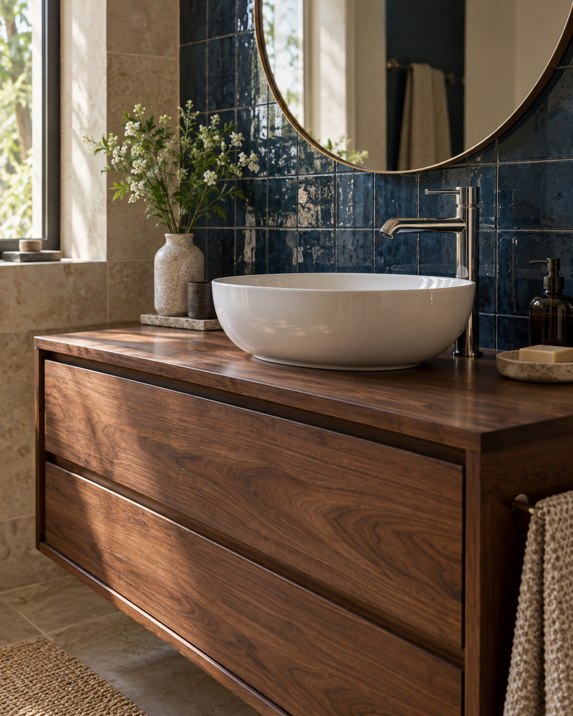 Ambiance : vasque blanche, meuble noyer et carrelage bleu nuit