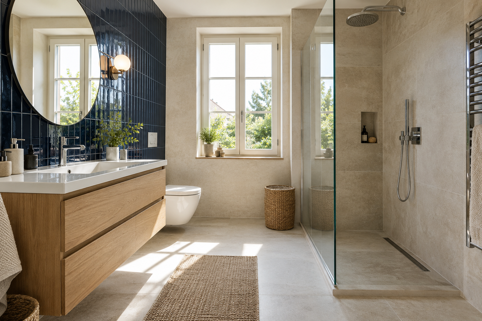 Inspiration : salle de bain lumineuse, meuble en chêne et douche vitrée